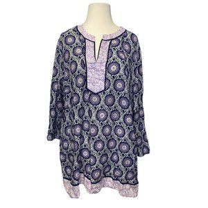 Talbots Womens Purple Tunic 2x Medallion Print‎ V-Neck 3/4 Sleeve Pullover Plus